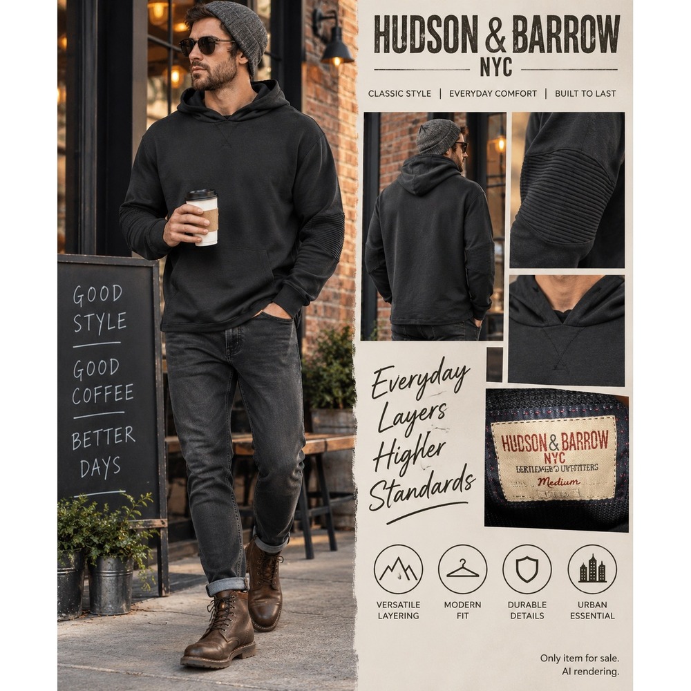 Hudson & Barrow Medium Hoodie Black Waffle Knit Ribbed Elbow Moto Streetwear